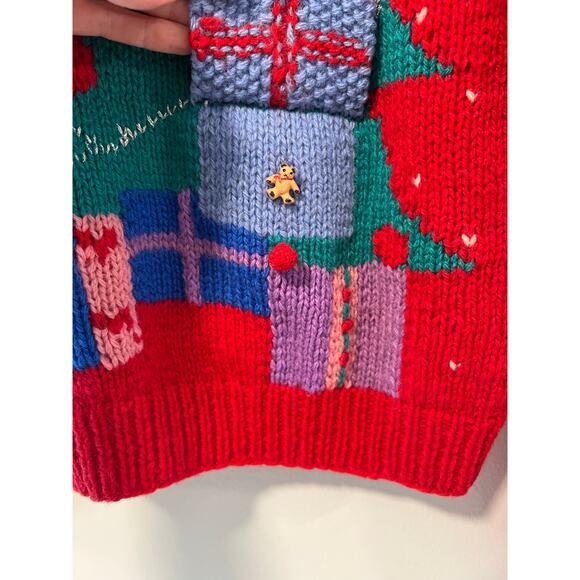 Vintage Wool Ugly Christmas Sweater Hand Knit Tree and Gifts Red Green Medium JL - Picture 5 of 11